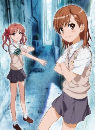 A Certain Scientific Railgun characters Mikoto and Kuroko posing in an alley